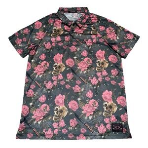 Grunt Style Polo Shirt Mens Medium Black Skull Grenade Floral Lightweight Grunge